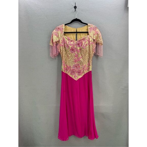 Vintage JanAnn Collection Womens Pink Gold Silk Beaded Sequined Dress Size Large - Picture 1 of 13